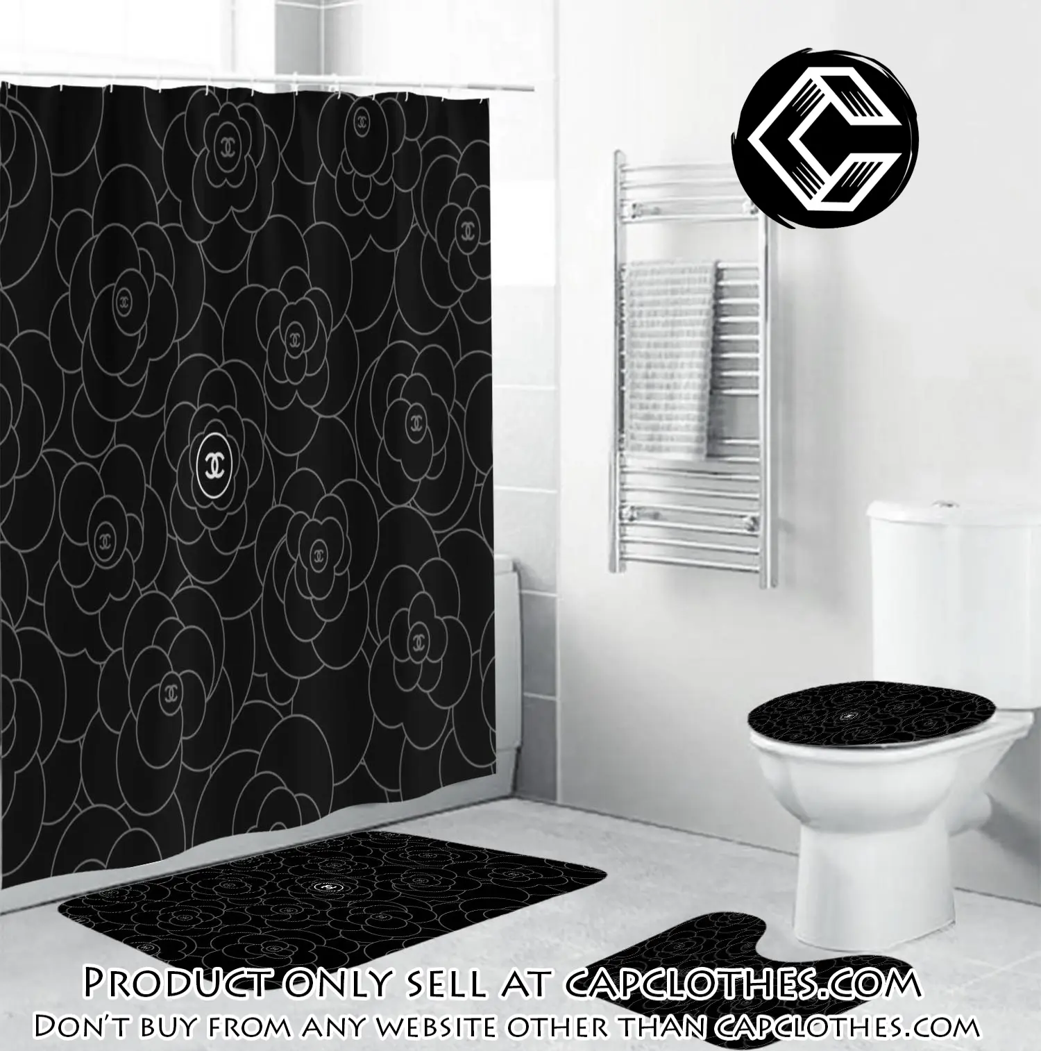 Chanel white signature flower in black background bathroom set accessories cc4222522